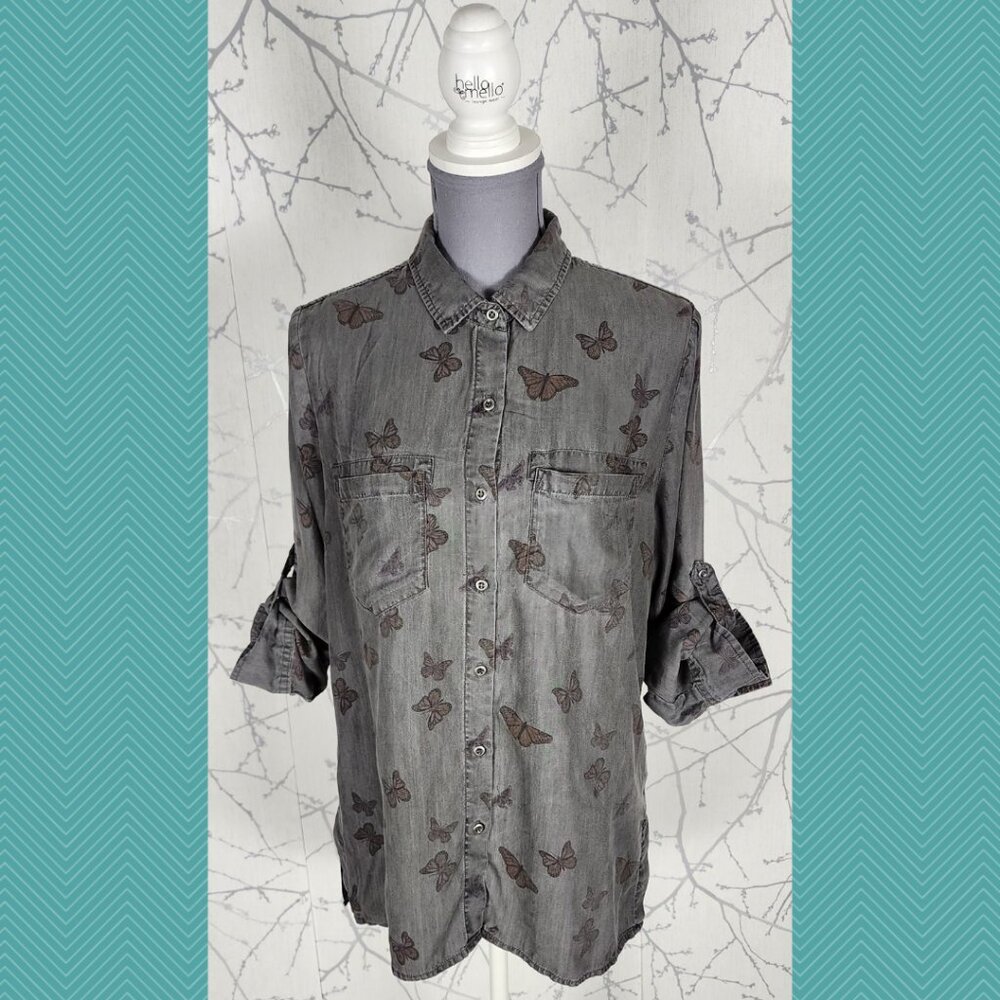 Standard Grace Gray Butterflies Print Tencel Button Front Shirt